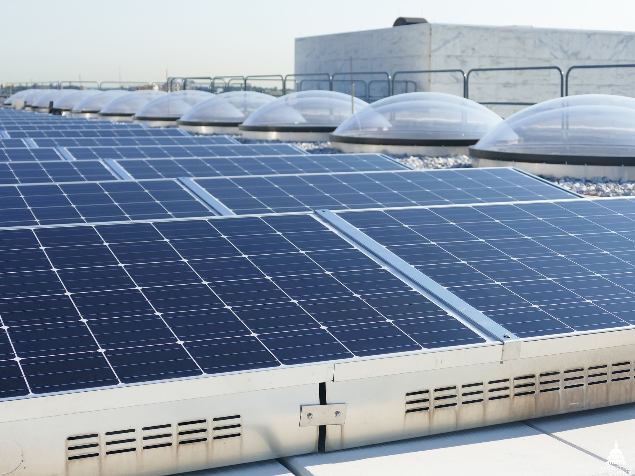 Solar panels arranged between skylights on the roof of an office building.